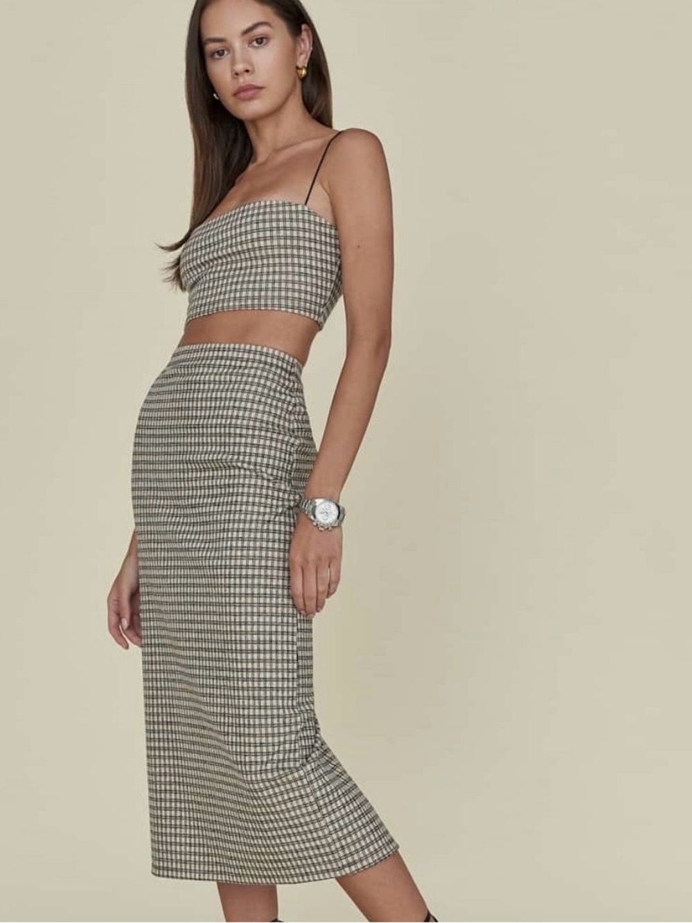 Reformation Taupe and Black Houndstooth Two Piece Set: Top and Midi Skirt
